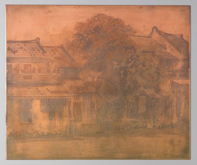 Batavia. Casas en el kali con árboles en el medio de Willem Arnoldus Witsen