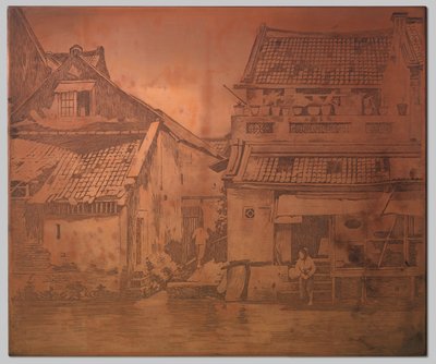 Batavia. Casas en el kali, lavandera en las escaleras de una casa a la derecha de Willem Arnoldus Witsen