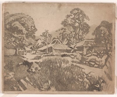 Casas en el kampong con los volcanes Salak y Gedeh al fondo, Buitenzorg de Willem Arnoldus Witsen
