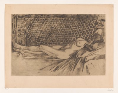 Mujer joven desnuda tumbada en un sofá
Desnudo, tumbado de espaldas en un diván, con las manos bajo la cabeza (título original) de Willem Arnoldus Witsen