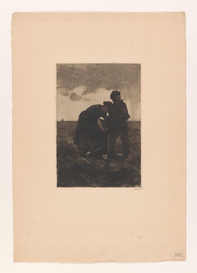Mujer y niño en zuecos con una bolsa de yute en el campo Cosecha de patatas (título original) de Willem Arnoldus Witsen
