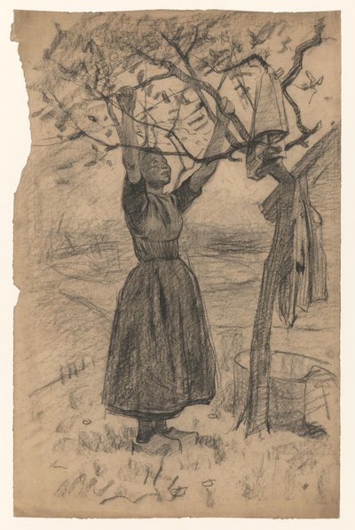 Una mujer cuelga la ropa en un árbol, a la derecha de Willem Arnoldus Witsen