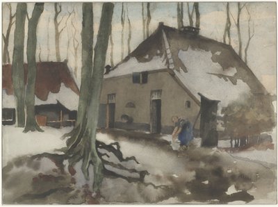 Mujer frente a una casa en un bosque nevado de Willem Arnoldus Witsen