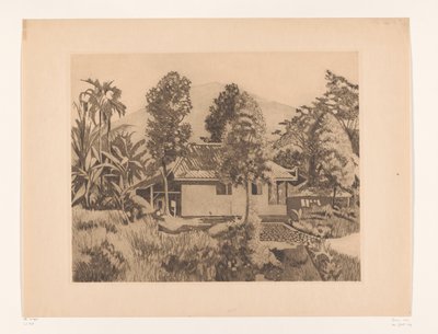 Casa en Bogor con una montaña al fondo
Casa con el volcán Salak(?) al fondo, Buitenzorg (título original) de Willem Arnoldus Witsen