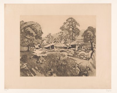 Casas en Bogor frente a los volcanes Salak y Gede
Casas en el kampong con los volcanes Salak y Gedeh al fondo, Buitenzorg (título original) de Willem Arnoldus Witsen