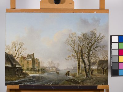Patinadores en un río helado, Dordrecht de Willem de Klerk
