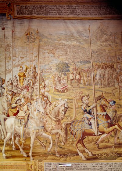Conquete de Túnez por el emperador Carlos V en 1535: representación del emperador y el niño Don Luis. Detalle de un tapiz de Willem de Pannemaker (activo hacia 1535-1554) 1554 Alcázar de Sevilla de Willem de Pannemaker