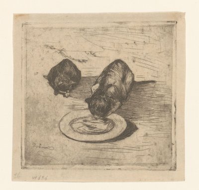 Dos gatos, uno bebiendo de un plato
Dos gatitos (título original) de Willem de Zwart