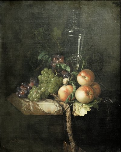 Uvas, melocotones y vaso grande de Willem van Aelst