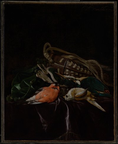 Bodegón con pájaros muertos y bolsa de caza de Willem van Aelst