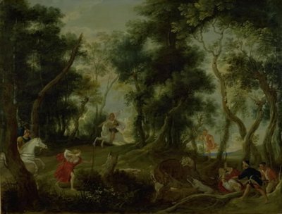 Paisaje con Atalanta y Meleagro cazando el jabalí de Calidón de Willem van Herp