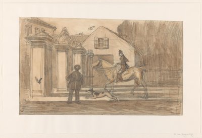 La valla en el Scheveningse Weg en La Haya; pasando un jinete con perro de Willem van Konijnenburg