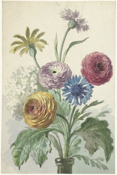 Ramo de flores en el cuello de un jarrón verde de Willem van Leen
