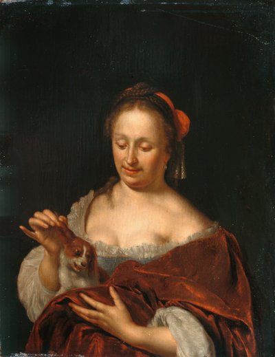Una dama sentada con un perrito (óleo sobre tabla) de Willem Van Mieris