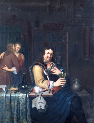 Interior con un caballero bebiendo y una pareja abrazándose, c.1690-1700 (óleo sobre tabla de roble) de Willem Van Mieris