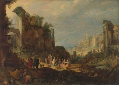 Viajeros entre ruinas romanas con Rebeca y Eliezer en el pozo de Willem van Nieulandt (II) (attributed to)