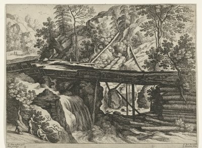 Paisaje de montaña con acueducto de madera. Paisajes italianos (título de la serie) de Willem van Nieulandt (II)