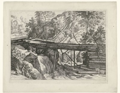 Paisaje de montaña con acueducto de madera. Paisajes italianos (título de la serie) de Willem van Nieulandt (II)