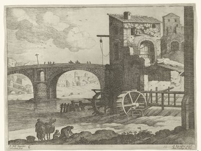 Puente y molino de agua Paisajes italianos (título de la serie) de Willem van Nieulandt (II)