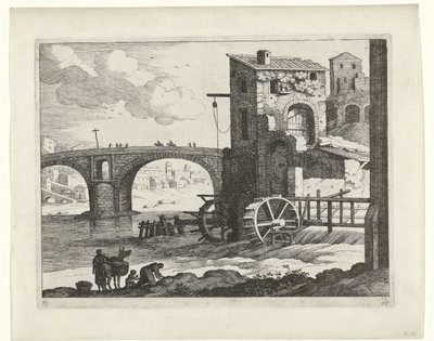 Puente y molino de agua Paisajes italianos (título de la serie) de Willem van Nieulandt (II)