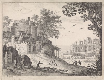 Edificios a lo largo de una carretera Paisajes italianos (título de la serie) de Willem van Nieulandt (II)