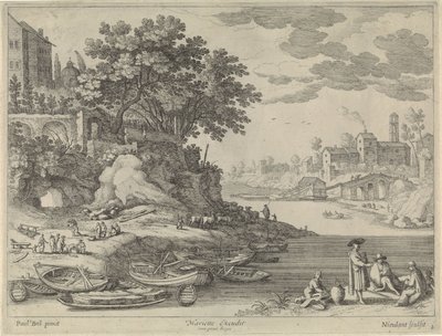 Puerto con botes de remos, figuras y ganado. de Willem van Nieulandt (II)