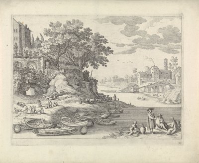 Puerto con botes de remos, figuras y ganado de Willem van Nieulandt (II)