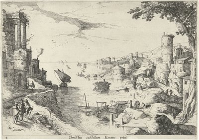 Paisaje con los Viajeros de Emaús Christ castellum Emaus petit (título sobre objeto) Paisajes italianos con escenas bíblicas (título de la serie) de Willem van Nieulandt (II)