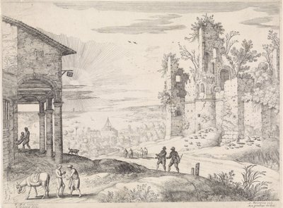 Paisaje con el Buen Samaritano en la Posada Paisajes italianos (título de la serie) de Willem van Nieulandt (II)