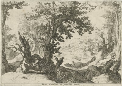 Paisaje con la tentación de Cristo Satan Christum in solitudine tentat (título sobre el objeto) Paisajes italianos con escenas bíblicas (título de la serie) de Willem van Nieulandt (II)