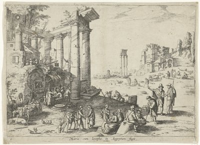 Paisaje con la Huida a Egipto Maria cum Iosepho in Aegyptum fugit (título sobre objeto) Paisajes italianos con escenas bíblicas (título de la serie) de Willem van Nieulandt (II)