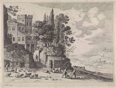 Paisaje con casa, figuras y ganado de Willem van Nieulandt (II)