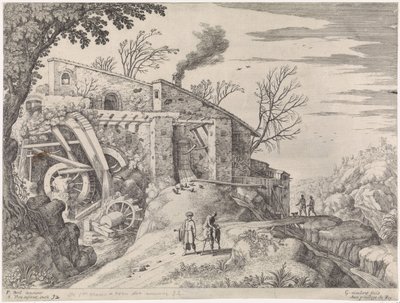 Paisaje con molino de agua y el buen samaritano Paisajes italianos (título de la serie) de Willem van Nieulandt (II)