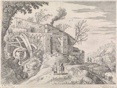 Paisaje con molino de agua y el buen samaritano Paisajes italianos (título de la serie) de Willem van Nieulandt (II)