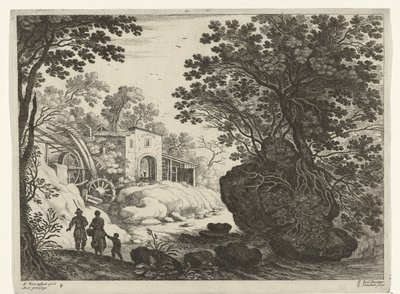 Pareja y niño en molino de agua Paisajes italianos (título de la serie) de Willem van Nieulandt (II)