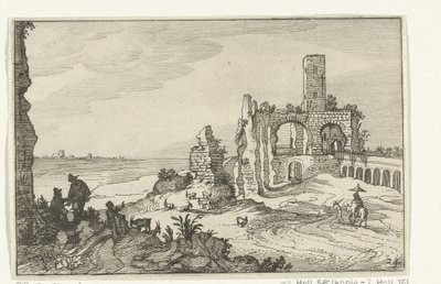 Ruina con arcos y una torre sobre el agua Ruinas romanas y paisajes costeros (serie 1) (título de la serie) de Willem van Nieulandt (II)