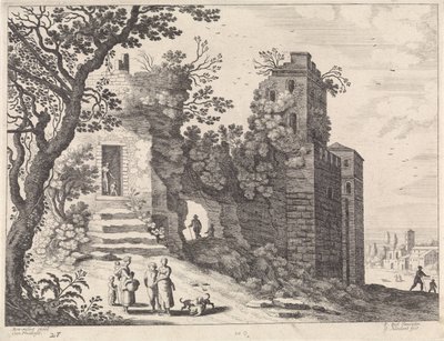Ruina con un grupo de mujeres y niños Paisajes italianos (título de la serie) de Willem van Nieulandt (II)