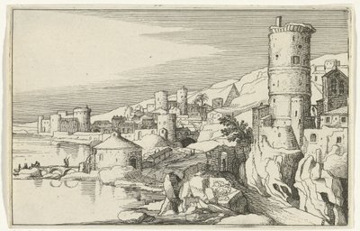 Ciudad con torres sobre el agua Ruinas romanas y paisajes costeros (serie 1) (título de la serie) de Willem van Nieulandt (II)