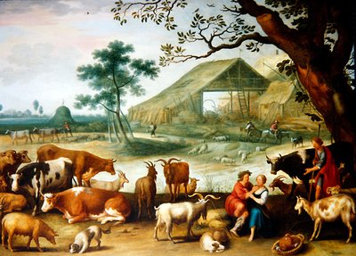 Una pareja de campesinos con ganado junto a una granja de Willem van Nieulandt