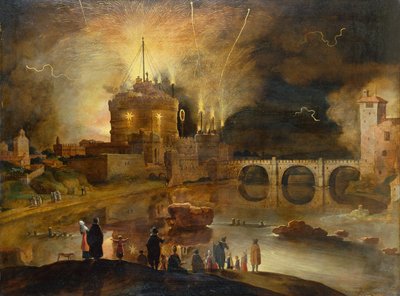 El Castel Sant Angelo, Roma, con Pueblerinos viendo un Espectáculo de Fuegos Artificiales por la Noche de Willem van Nieulandt