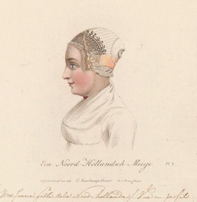 Tocado de niña de Holanda Septentrional, 1816 A North Holland Girl / Une Jeune fille de la Nord-hollande / Vue en profil (título sobre objeto) de Willem van Senus