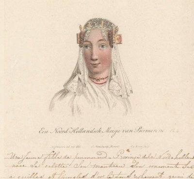 Tocado de niña de Purmerend, 1816 A North Holland Girl from Purmerend / Une Jeune fille de purmerend - Province dela Nord-hollande avec sa calotte son manteau son ornament ses aiguilles et epingles d