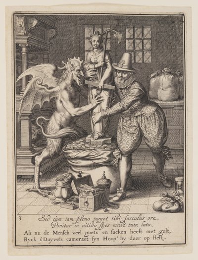 Un hombre y el diablo llenando un saco de dinero y erigiendo una estatua de la esperanza, de Alegoría del mal uso de la propiedad mundana. de Willem van Swanenburgh