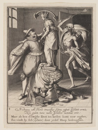 La muerte con una flecha a punto de derribar al hombre, de Alegoría del mal uso de la propiedad mundana de Willem van Swanenburgh
