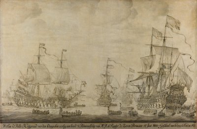 Consejo de Guerra a bordo de Las Siete Provincias, el buque insignia de Michiel Adriaensz de Ruyter, 10 de junio de 1666, antes de la Batalla de los Cuatro Días: episodio de la Segunda Guerra Anglo-Holandesa de Willem van de Velde (I)