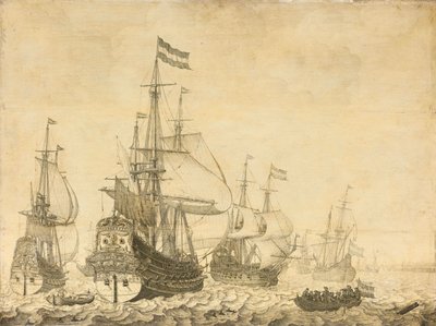 Paisaje marino con los hombres de guerra holandeses, incluyendo el Drenthe y el Prince Frederick-Henry de Willem van de Velde (I)