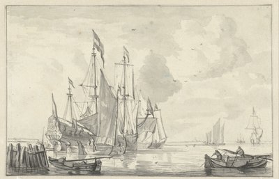 Paisaje marino con varios barcos en aguas tranquilas cerca de la orilla de Willem van de Velde (II)