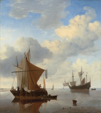 Una calma - un smalschip y un kaag anclados con un barco de guerra inglés más allá de Willem van de Velde