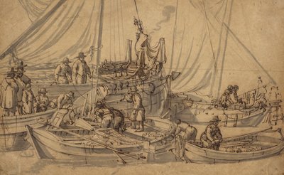 Figuras a bordo de pequeños barcos mercantes, c.1650-5 de Willem van de Velde