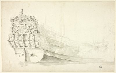 Barco holandés con proa ornamental visto desde estribor de Willem van de Velde I